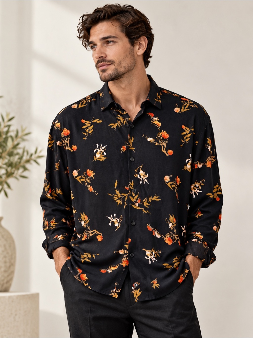 The Kooples Men’s Shirt L Black Floral Botanical Button Up Paris Designer